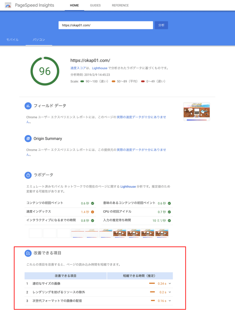 pagespeed-insights 96点 パソコン